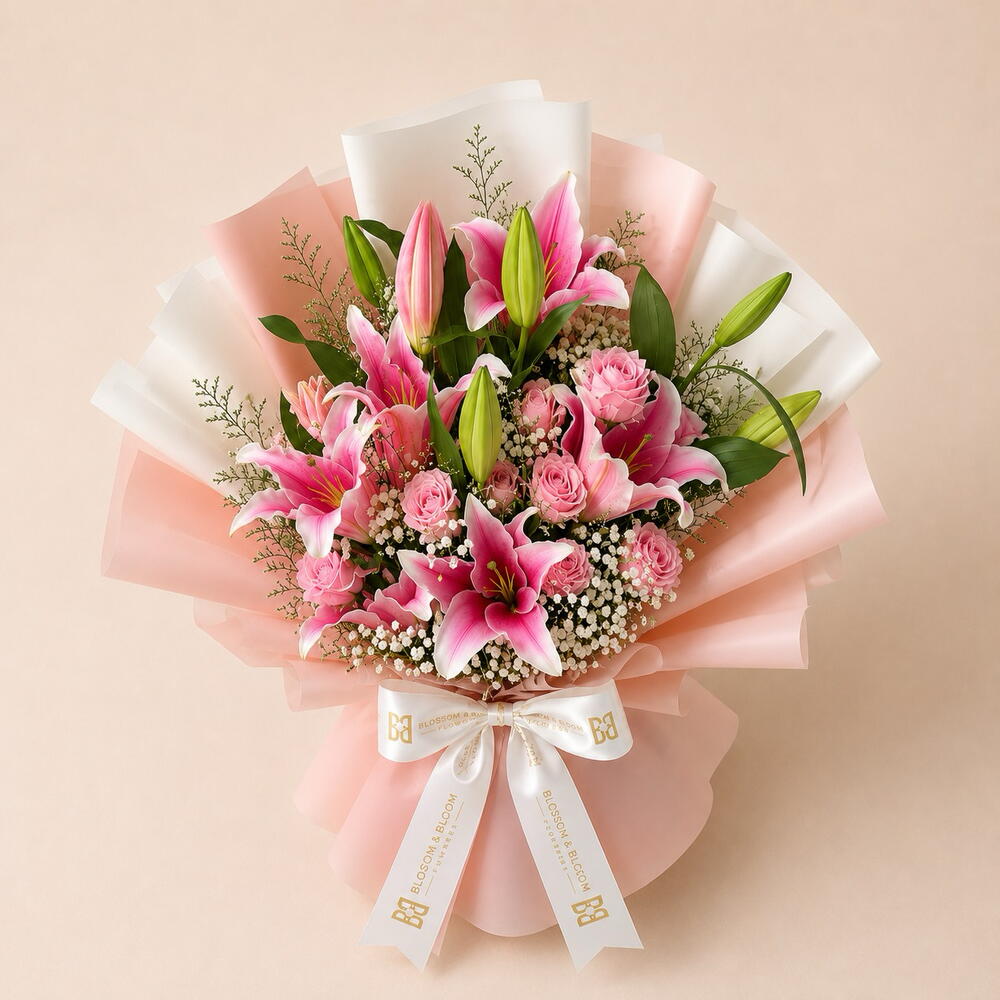 Blush Pink Lily & Rose Bouquet view 2